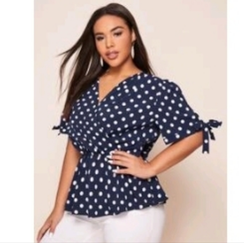 Knotted Cuff Blue and White Polka Dot Blouse Plus